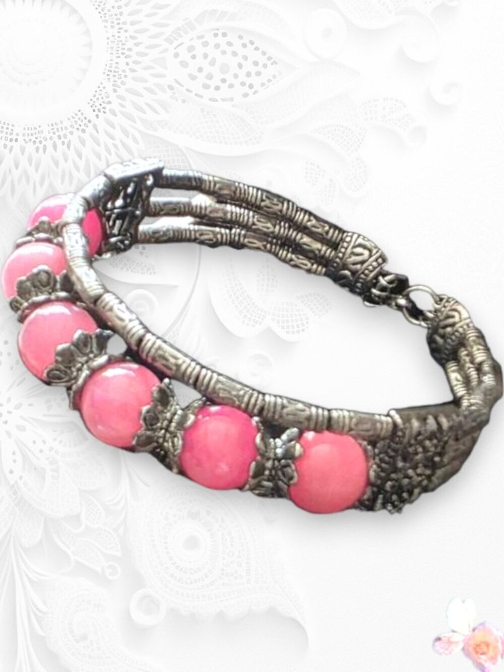 Vintage Estate Cable Cuff Bangle Bracelet Faux Pearl Silver Tone